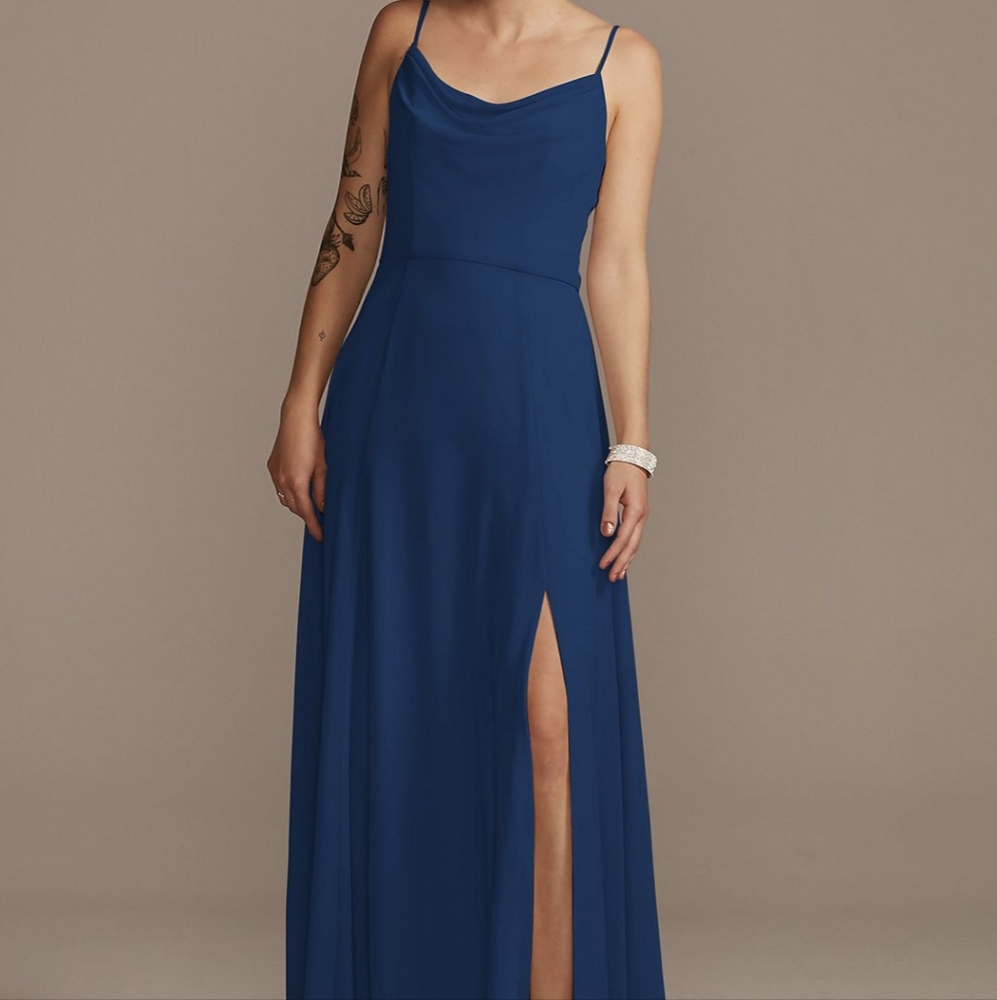 NWT - Cowl Neck Chiffon Bridesmaid Dressd with slit - color Marine
